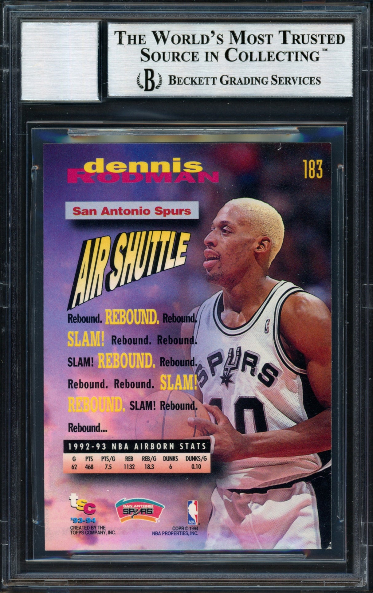 Dennis Rodman Autographed 1993-94 Stadium Club Card #183 San Antonio Spurs Auto Grade 10 Beckett BAS #12518871