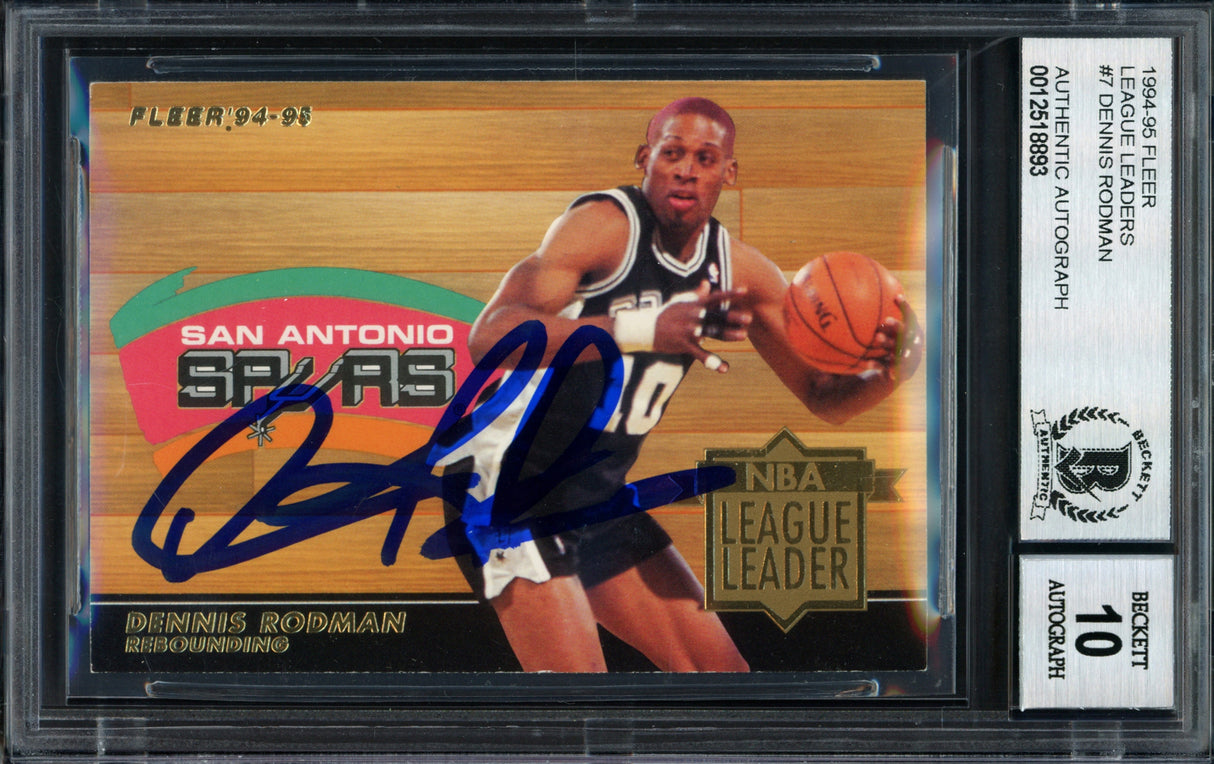 Dennis Rodman Autographed 1994-95 Fleer League Leader Card #7 San Antonio Spurs Auto Grade 10 Beckett BAS #12518893