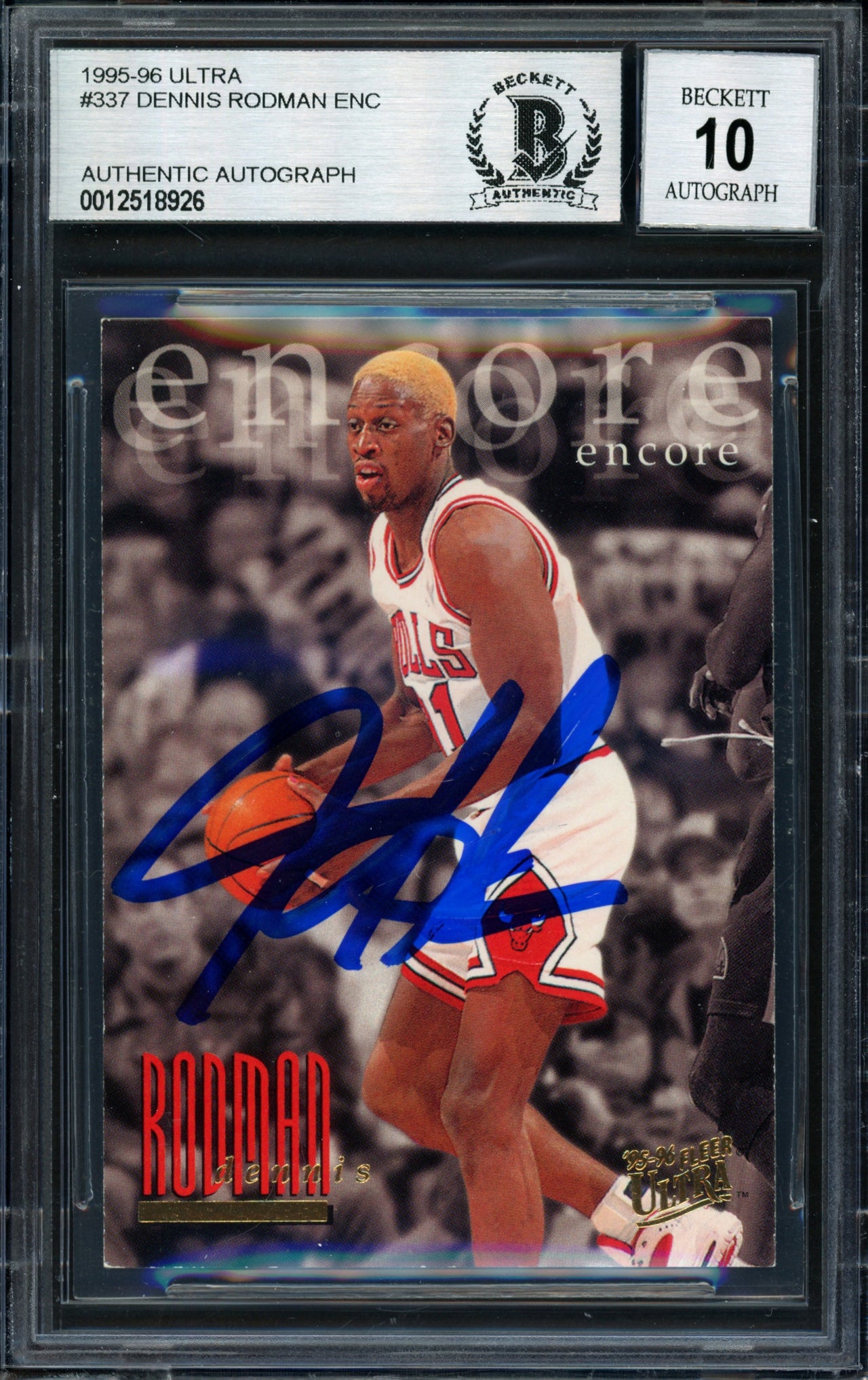 Dennis Rodman Autographed 1996-97 Fleer Ultra Card #337 Chicago Bulls Auto Grade 10 Beckett BAS #12518926