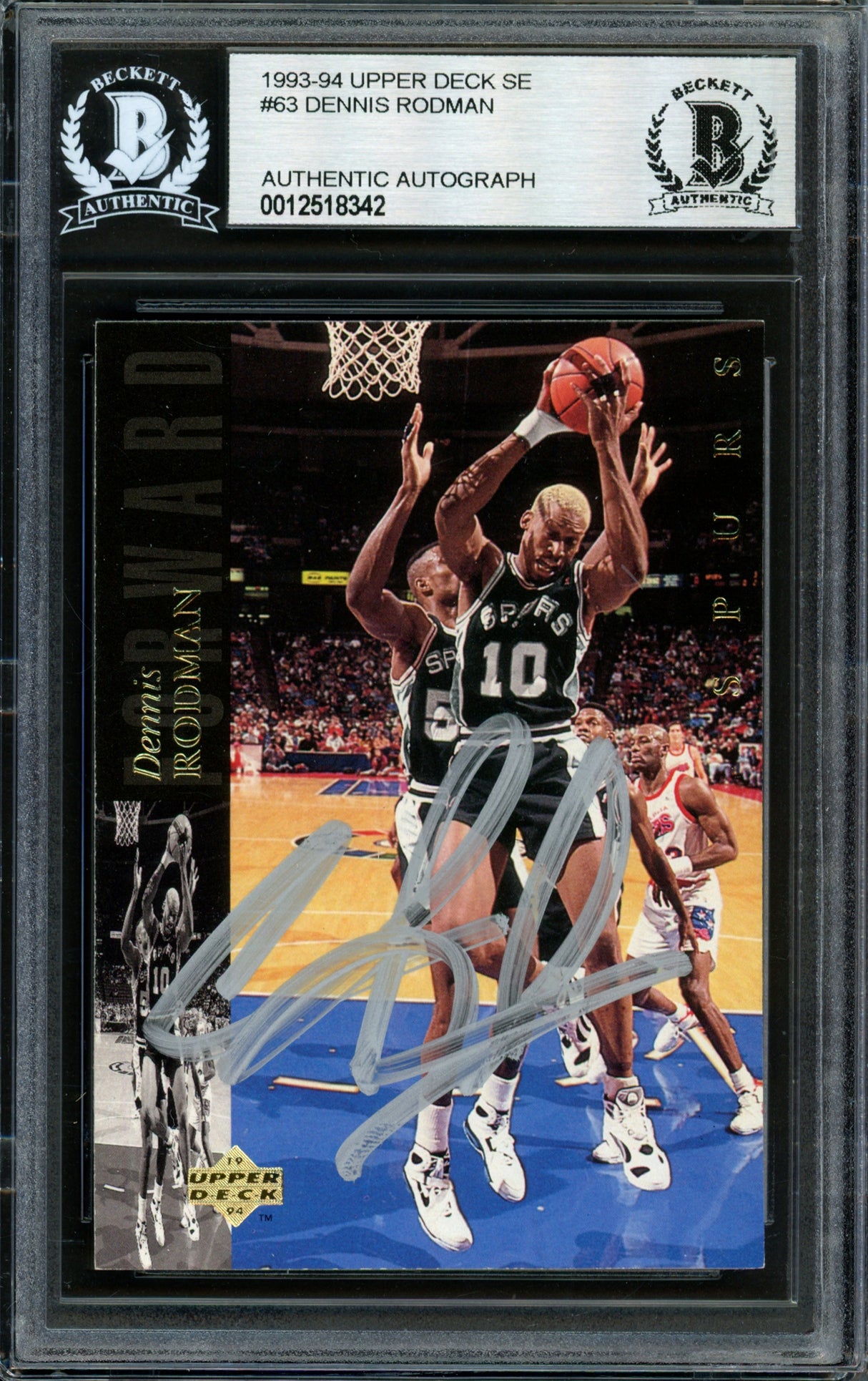 Dennis Rodman Autographed 1993-94 Upper Deck Card #63 San Antonio Spurs Beckett BAS #12518342