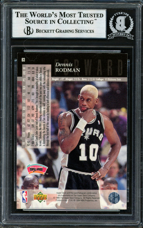 Dennis Rodman Autographed 1993-94 Upper Deck Card #63 San Antonio Spurs Beckett BAS #12518343