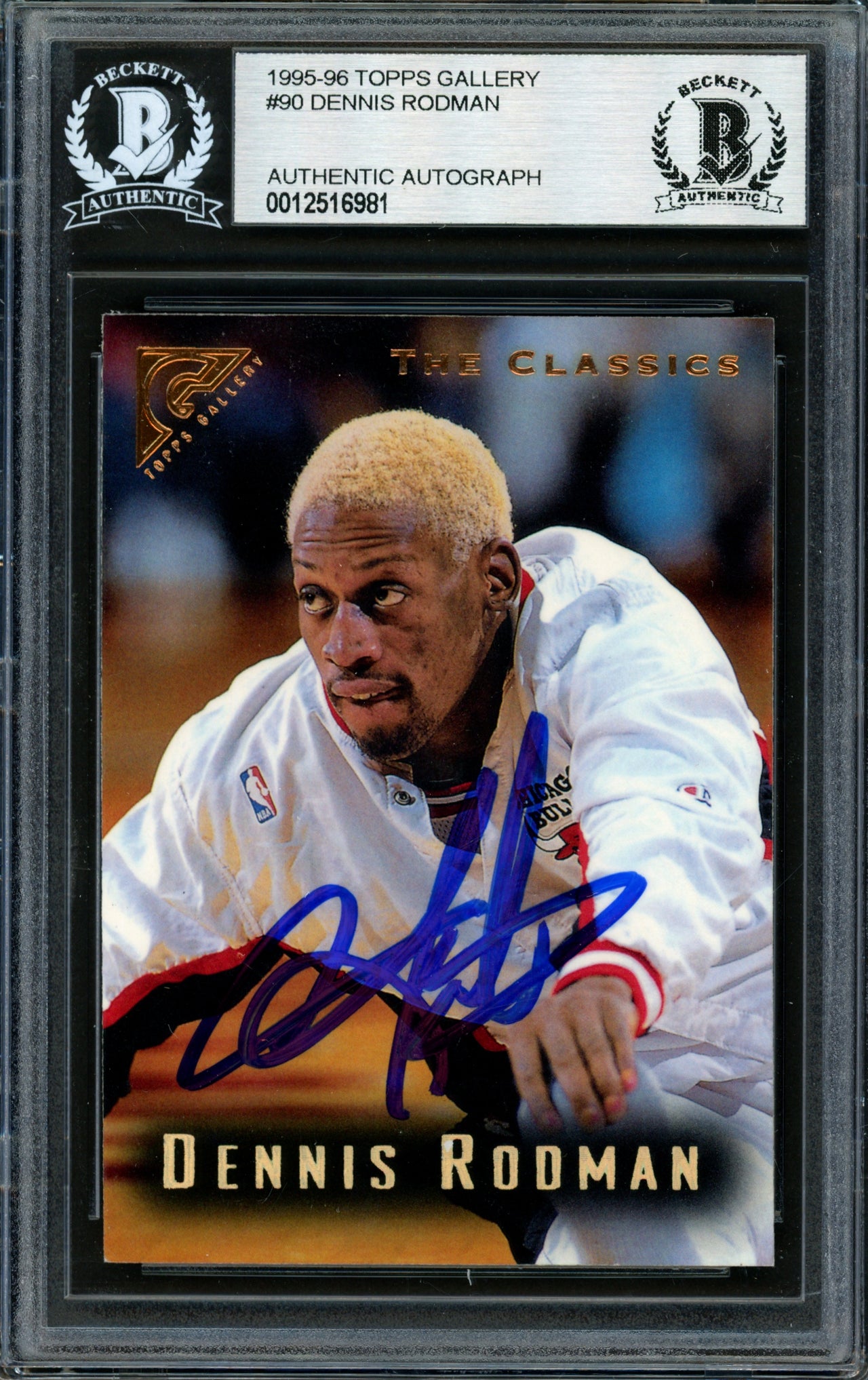 Dennis Rodman Autographed 1995-96 Topps Gallery Card #90 Chicago Bulls Beckett BAS #12516981