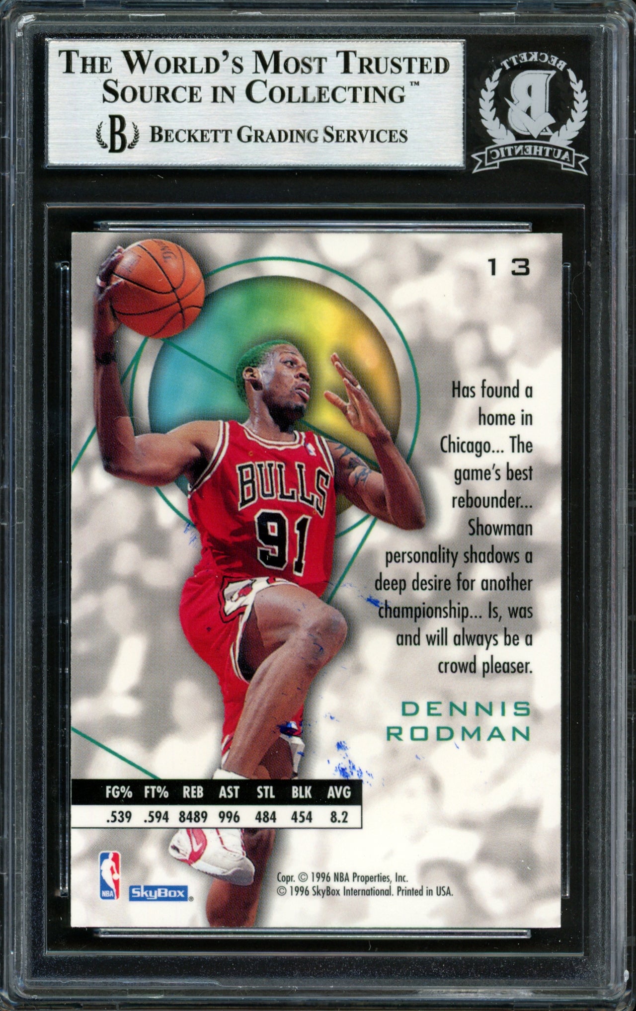 Dennis Rodman Autographed 1996-97 Skybox E-XL Card #13 Chicago Bulls Beckett BAS #12517034