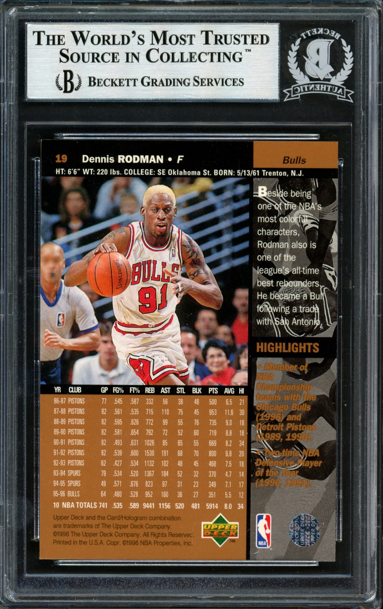 Dennis Rodman Autographed 1996-97 Upper Deck Card #19 Chicago Bulls Beckett BAS #12517058