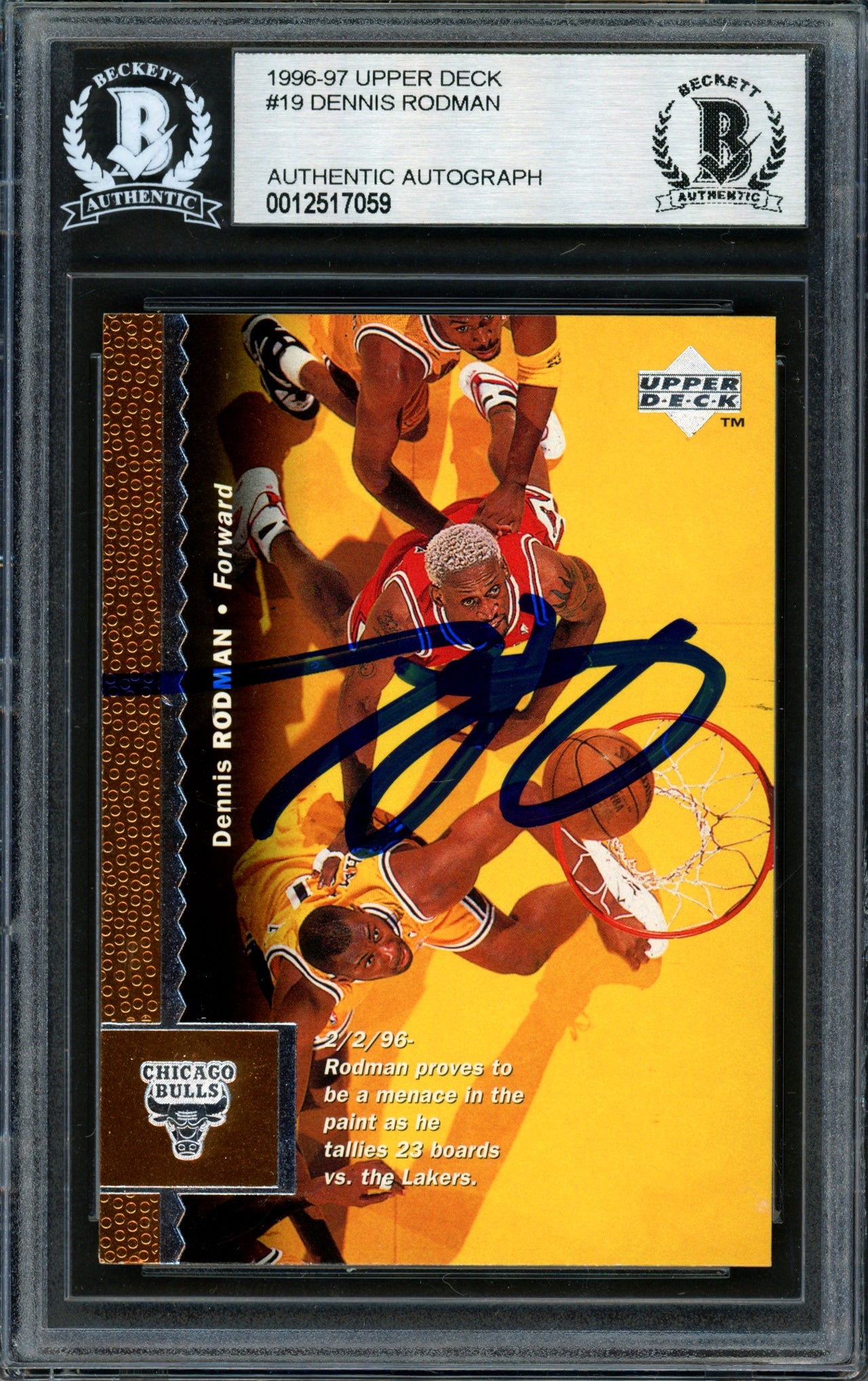 Dennis Rodman Autographed 1996-97 Upper Deck Card #19 Chicago Bulls Beckett BAS #12517059