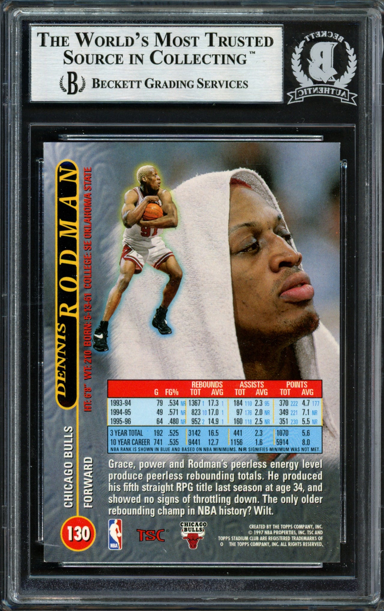 Dennis Rodman Autographed 1996-97 Stadium Club Card #130 Chicago Bulls Signed In Silver Beckett BAS #12517069