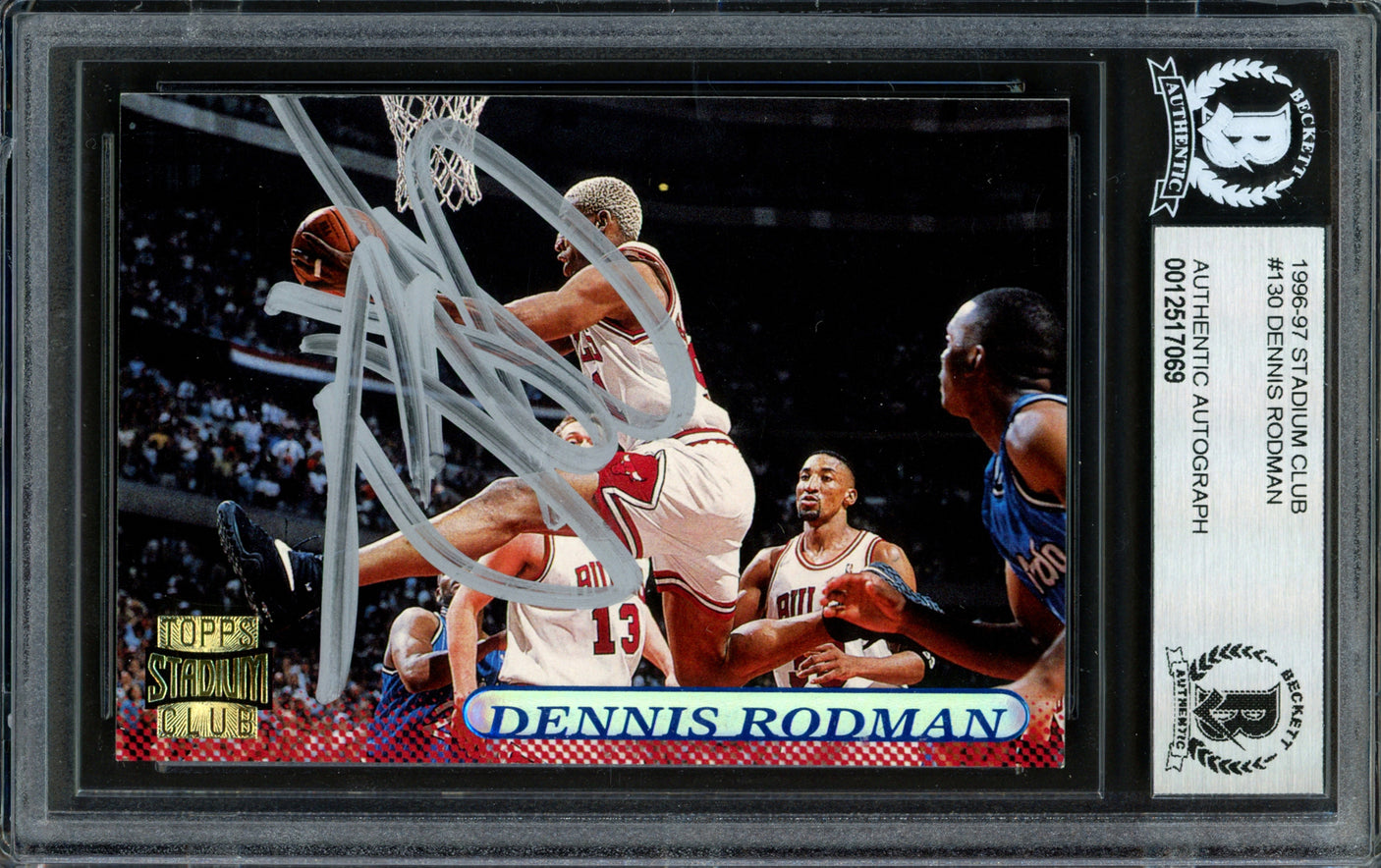 Dennis Rodman Autographed 1996-97 Stadium Club Card #130 Chicago Bulls Signed In Silver Beckett BAS #12517069