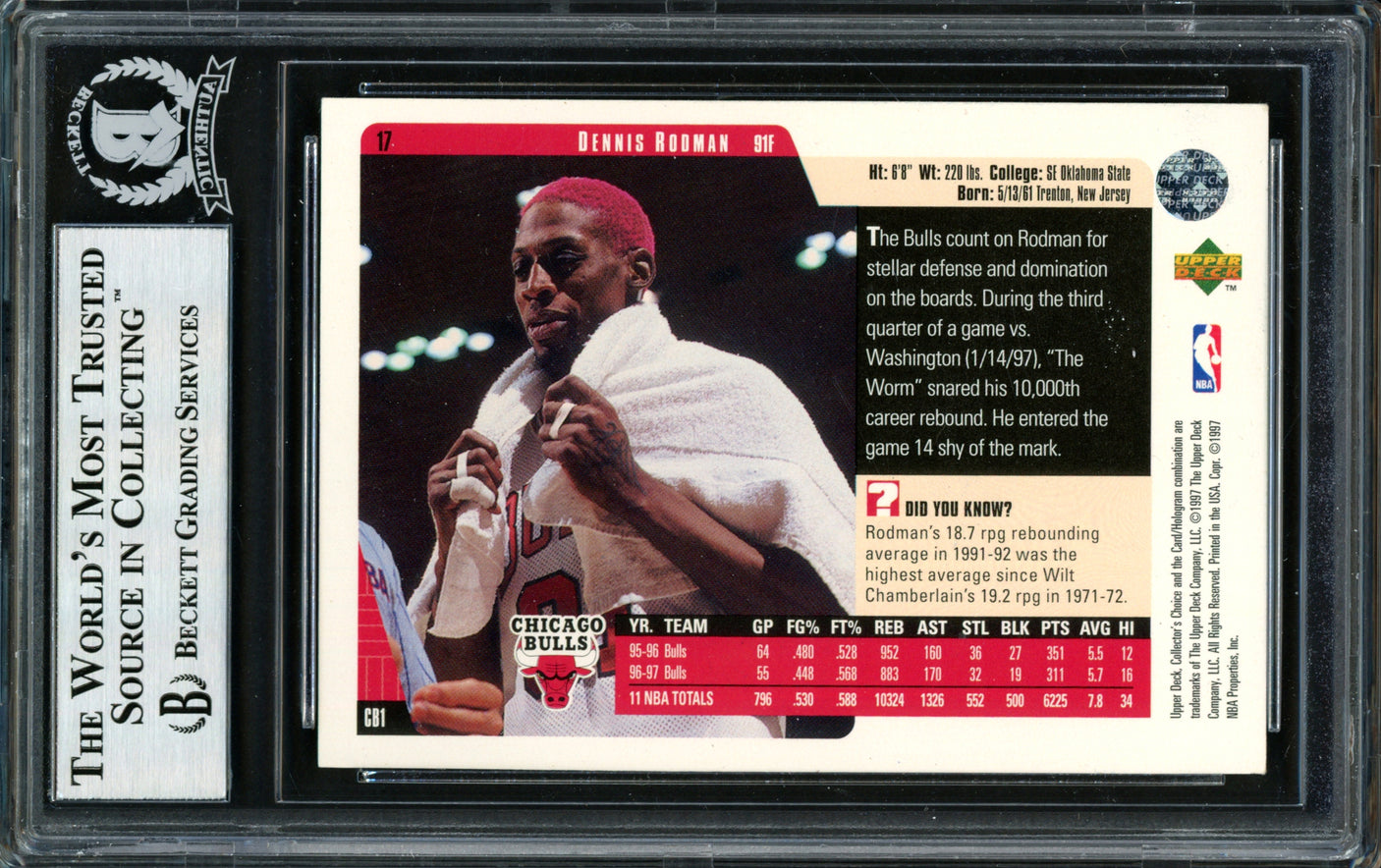 Dennis Rodman Autographed 1997-98 Upper Deck Collectors Choice Card #CB1 Chicago Bulls Beckett BAS #12517096