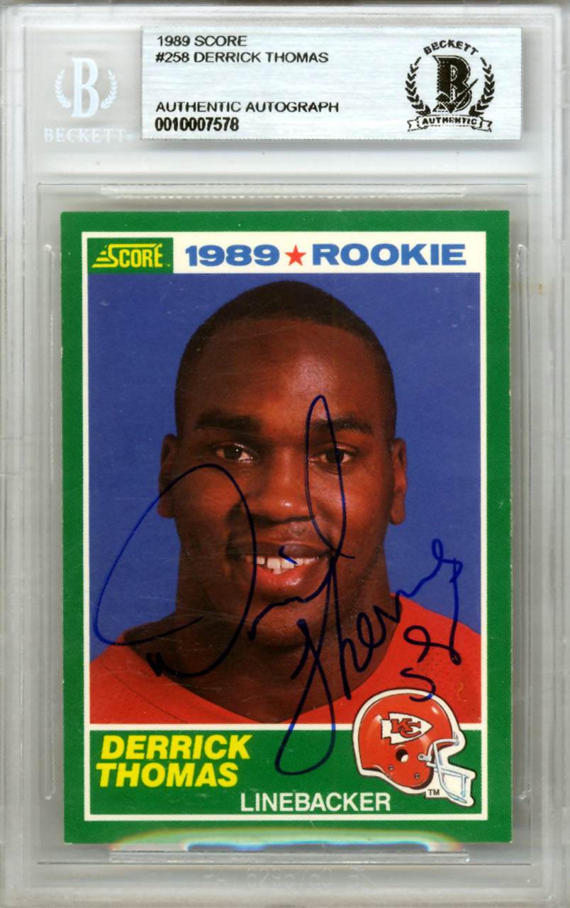 Derrick Thomas Autographed 1989 Score Rookie Card #258 Kansas City Chiefs Beckett BAS #10007578