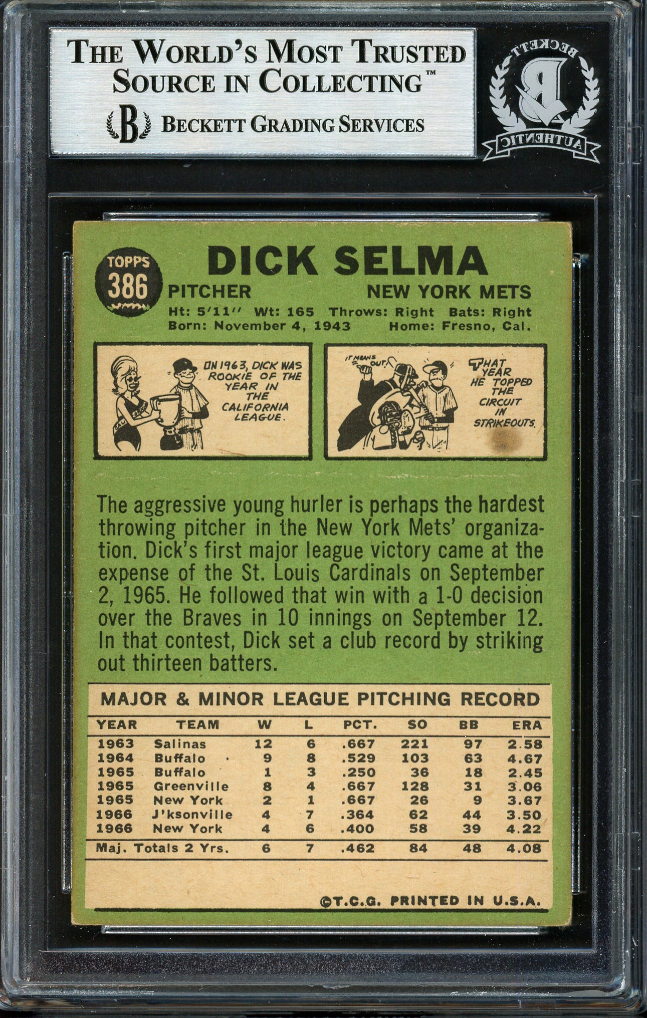 Dick Selma Autographed 1967 Topps Card #386 New York Mets Beckett BAS #12409536