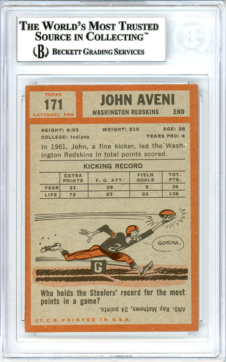 John Aveni Autographed 1962 Topps Rookie Card #171 Washington Redskins Beckett BAS #10736631