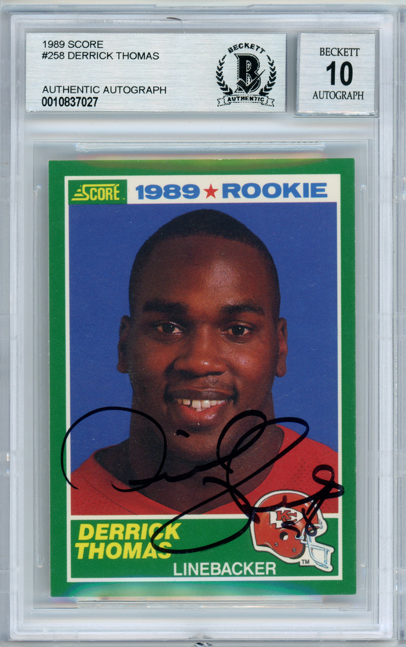 Derrick Thomas Autographed 1989 Score Rookie Card #258 Kansas City Chiefs Gem Mint 10 Beckett BAS #10837027