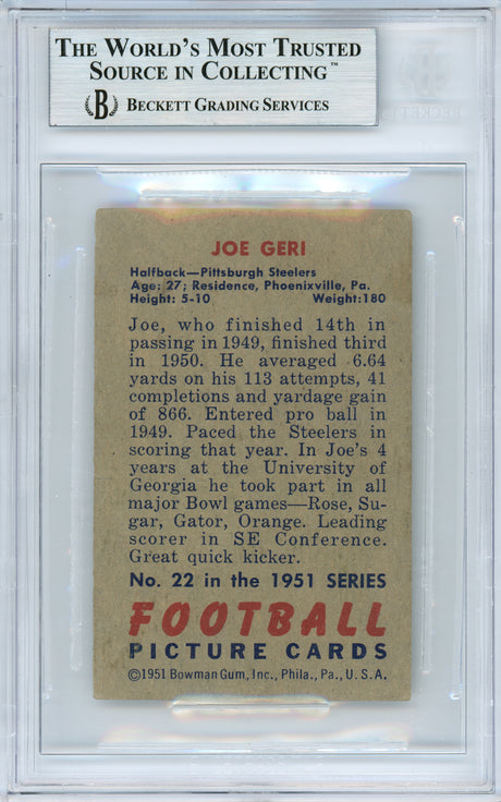 Joe Geri Autographed 1951 Bowman Card #22 Pittsburgh Steelers Beckett BAS #10838469