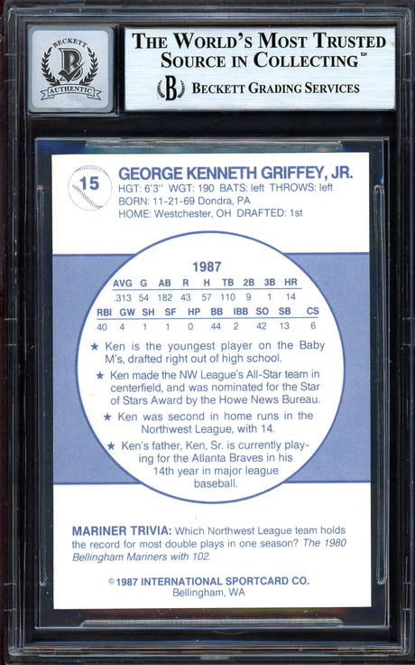 Ken Griffey Jr. Autographed 1987 Bellingham Mariners Rookie Card #15 Seattle Mariners Auto Grade Gem Mint 10 Beckett BAS #13314008