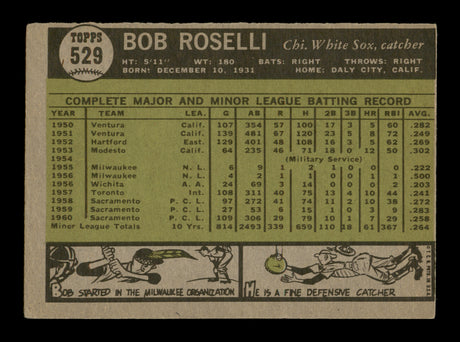 Bob Roselli Autographed 1961 Topps Rookie Card #529 Chicago White Sox High Number SKU #197772