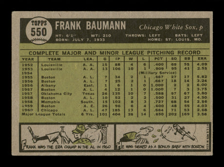 Frank Baumann Autographed 1961 Topps Card #550 Chicago White Sox "1960 ERA AL Champ" High Number SKU #197791