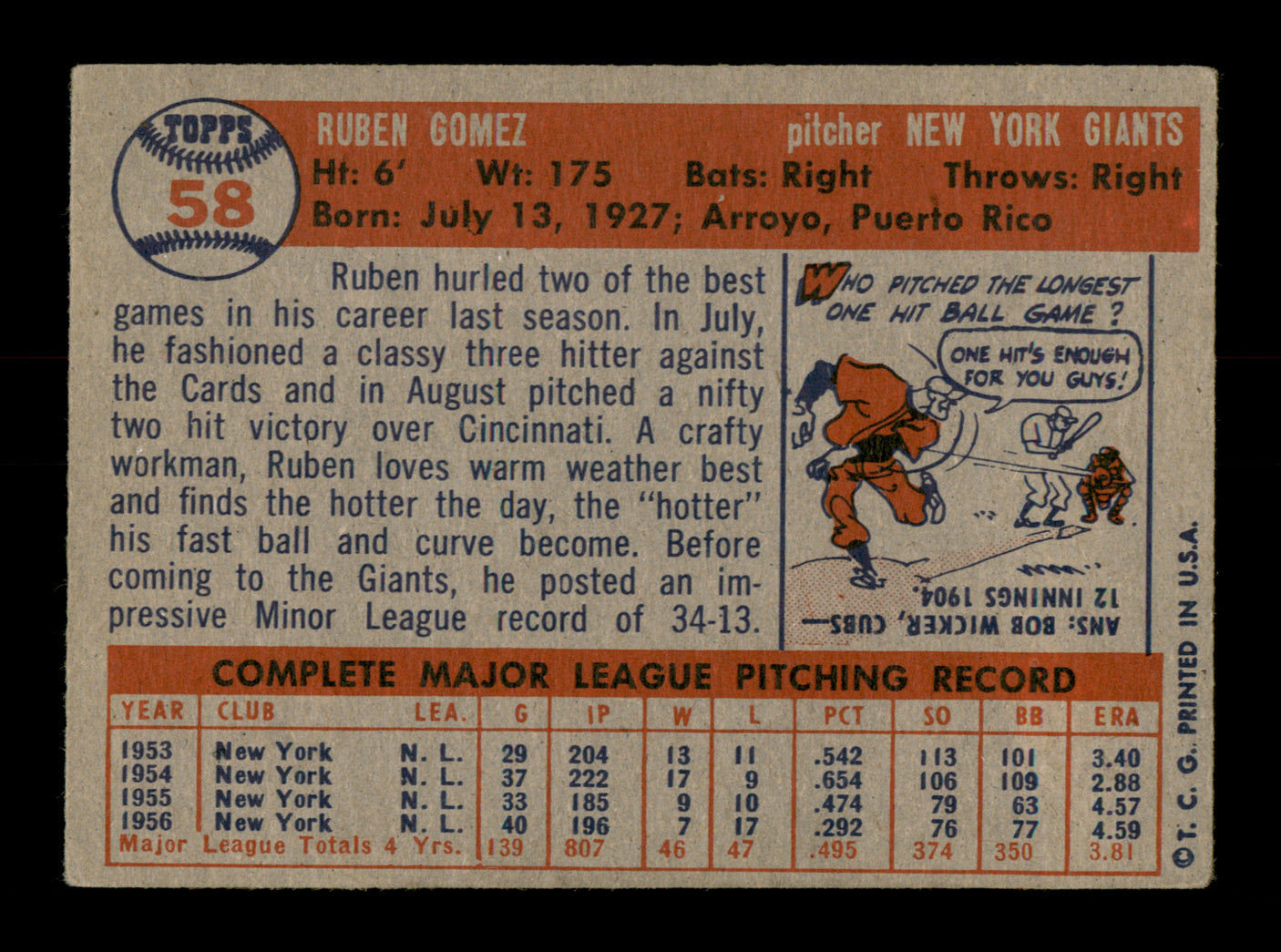 Ruben Gomez Autographed 1957 Topps Card #58 New York Giants SKU #198498