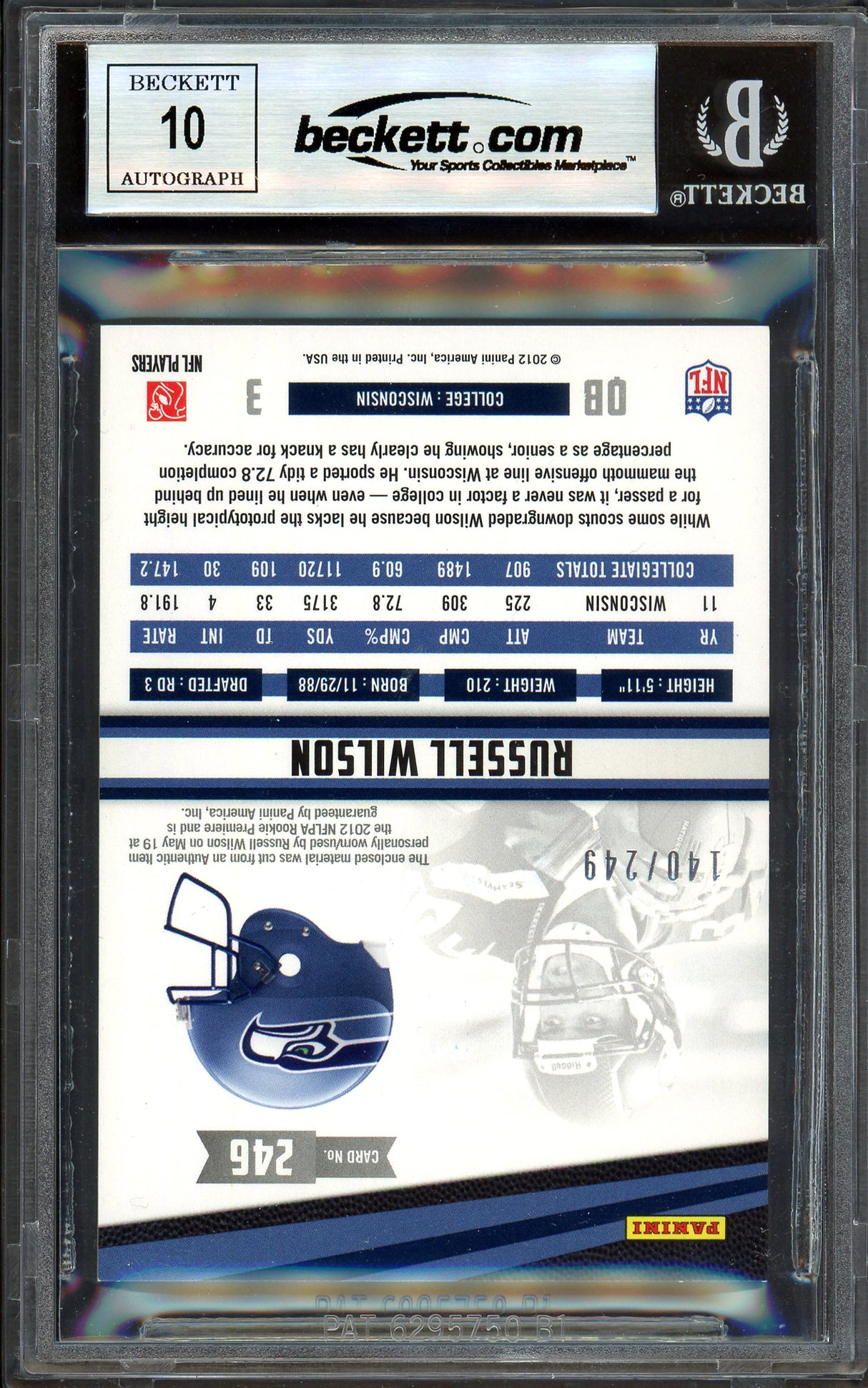 Russell Wilson Autographed 2012 Panini Rookie Stars Longevity Materials Rookie Card #246 Seattle Seahawks Auto Grade Gem Mint 10 #140/249 Beckett BAS #13315346