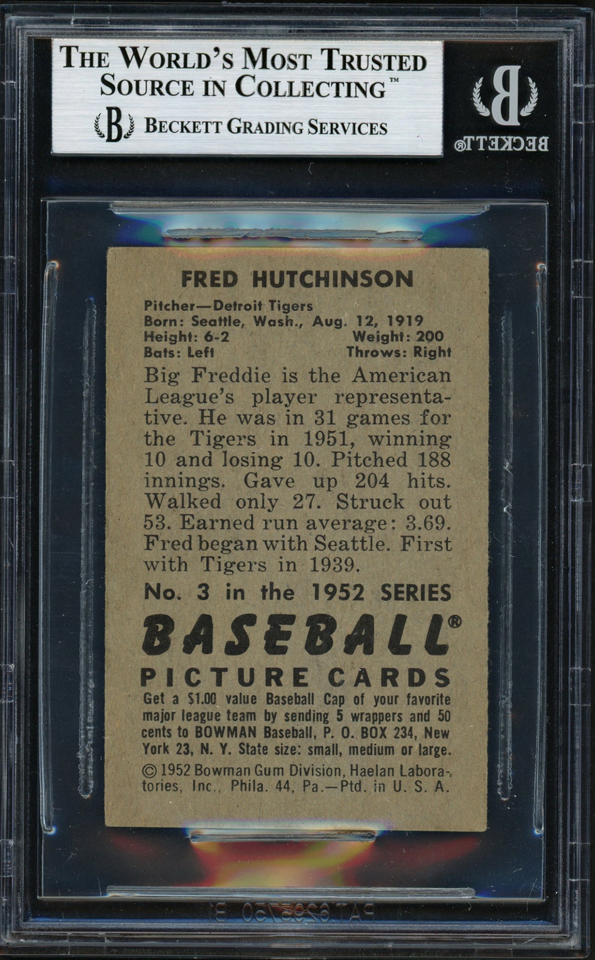 Fred Hutchinson Autographed 1952 Bowman Card #3 Detroit Tigers Beckett BAS #12074552