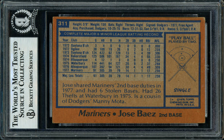 Jose Baez Autographed 1978 Topps Rookie Card #311 Seattle Mariners Beckett BAS #11317520