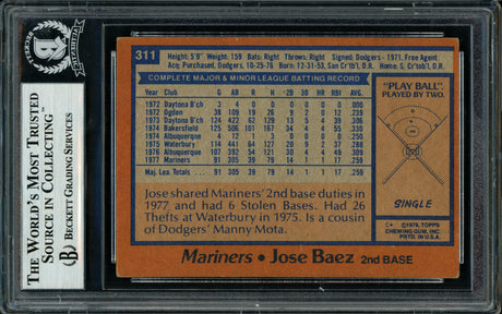 Jose Baez Autographed 1978 Topps Rookie Card #311 Seattle Mariners Beckett BAS #11317521