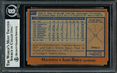 Jose Baez Autographed 1978 Topps Rookie Card #311 Seattle Mariners Beckett BAS #11317523