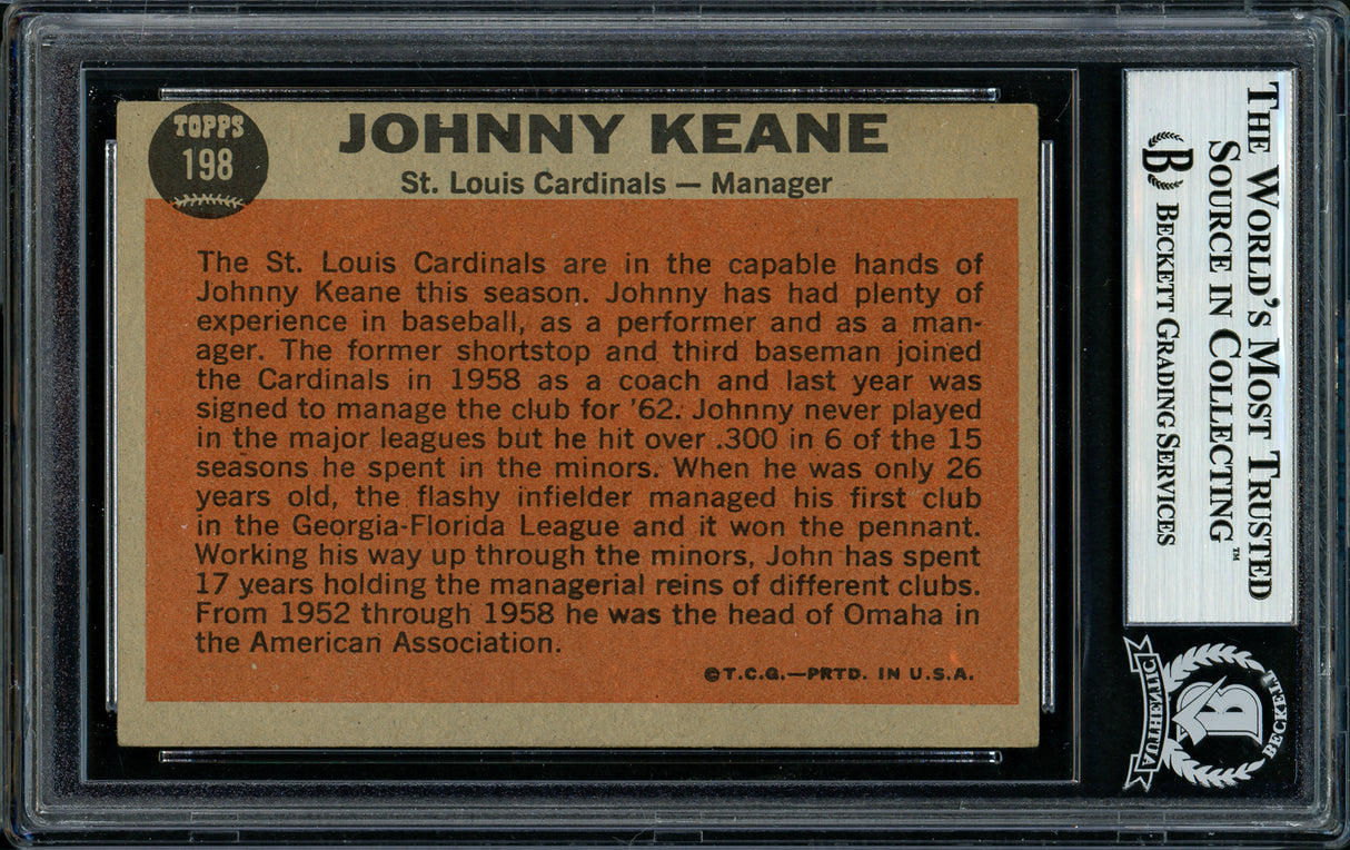 Johnny Keane Autographed 1962 Topps Card #198 St. Louis Cardinals Died 1967 Beckett BAS #11481434