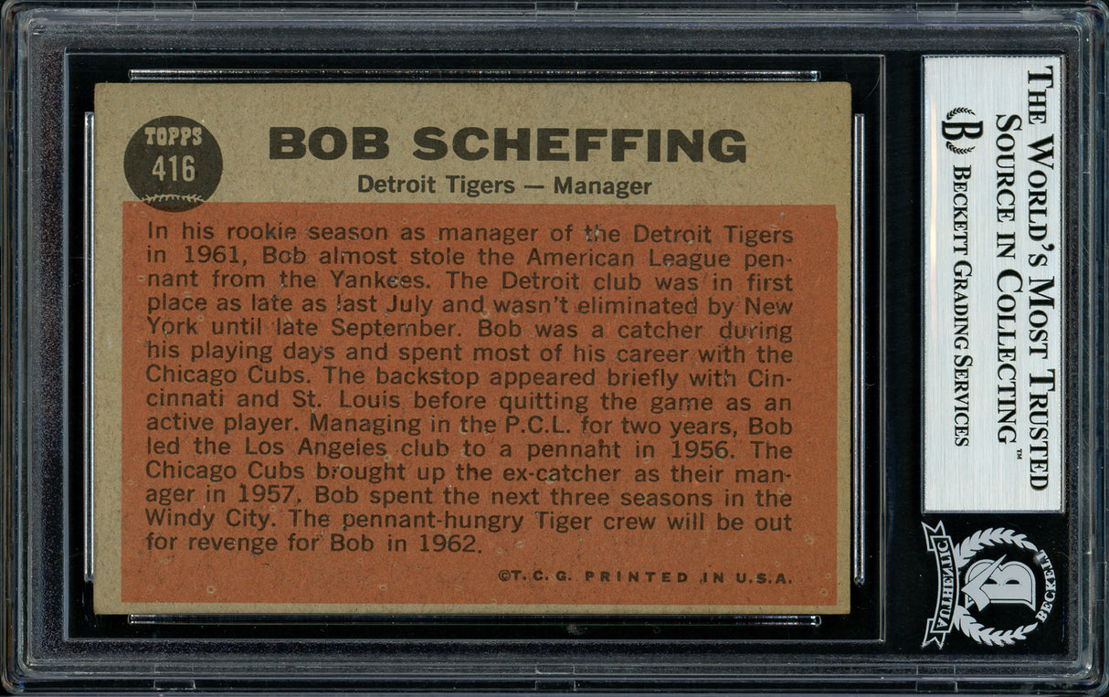 Bob Scheffing Autographed 1962 Topps Card #416 Detroit Tigers Beckett BAS #11481515