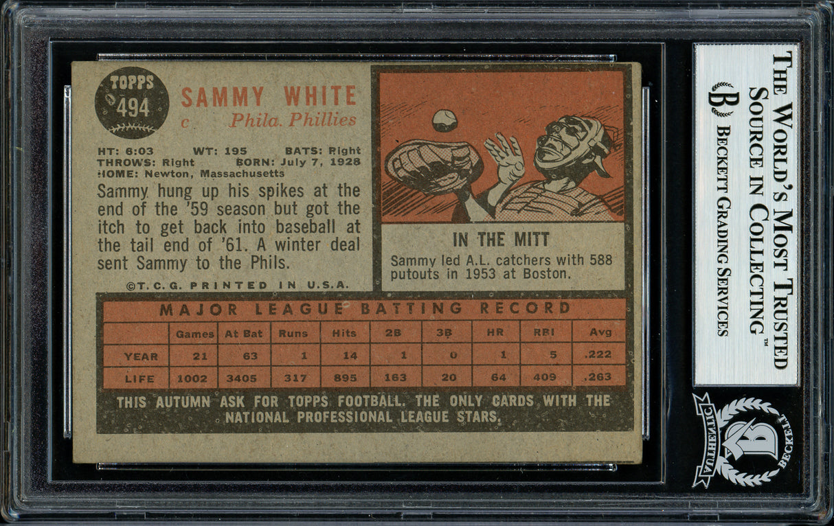 Sammy White Autographed 1962 Topps Card #494 Philadelphia Phillies Beckett BAS #11481549