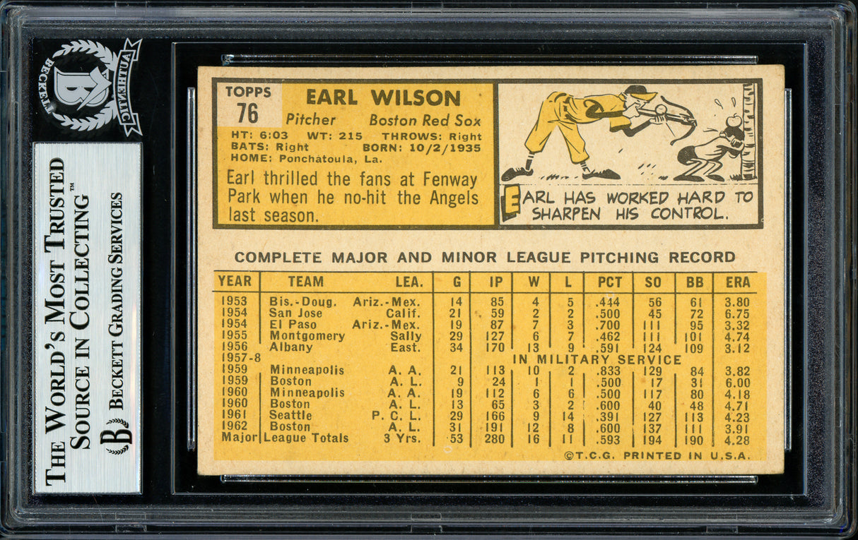 Earl Wilson Autographed 1963 Topps Card #76 Boston Red Sox Beckett BAS #11481662