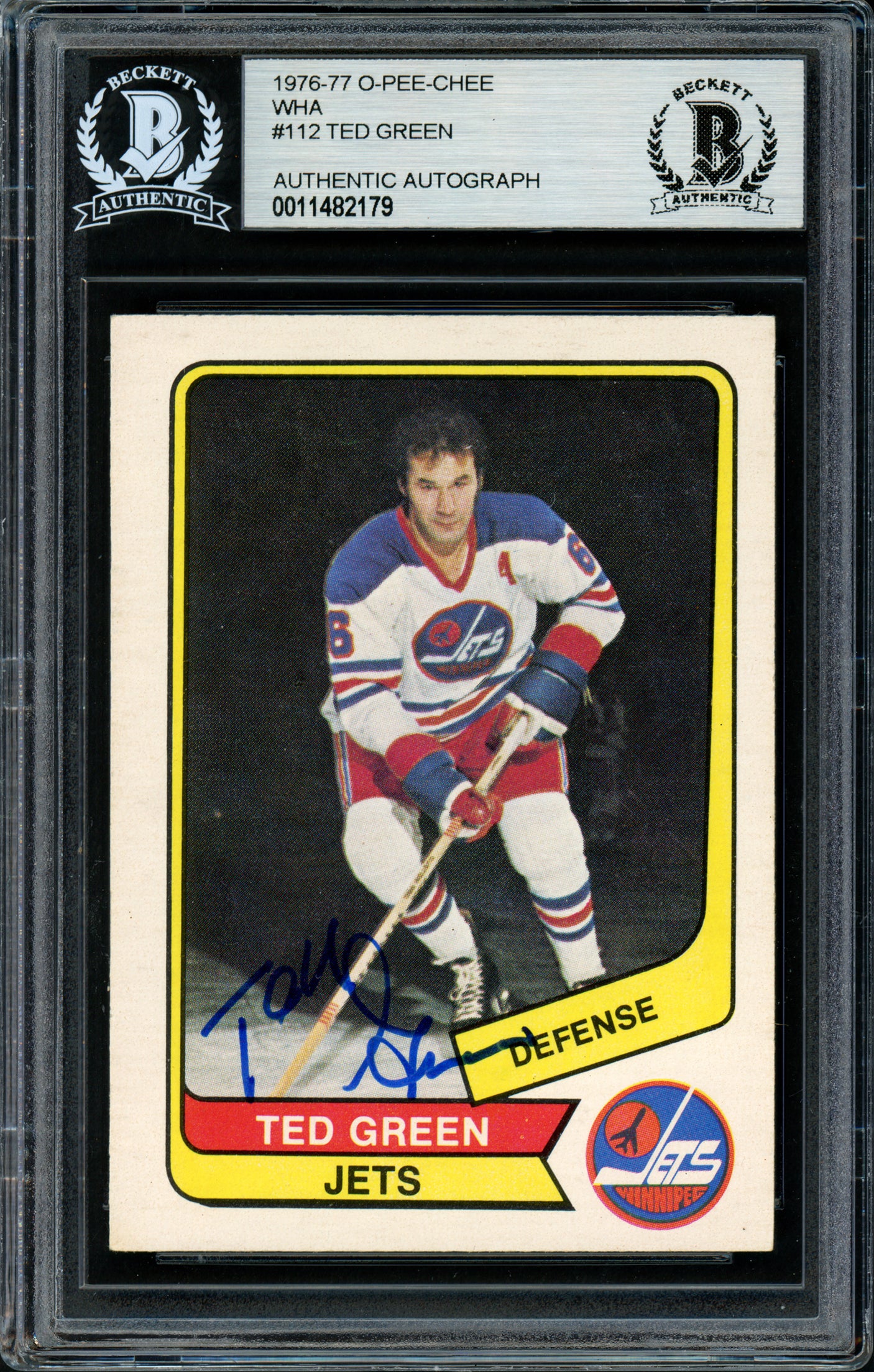 Ted Green Autographed 1976-77 WHA O-Pee-Chee Card #112 Winnipeg Jets Beckett BAS #11482179