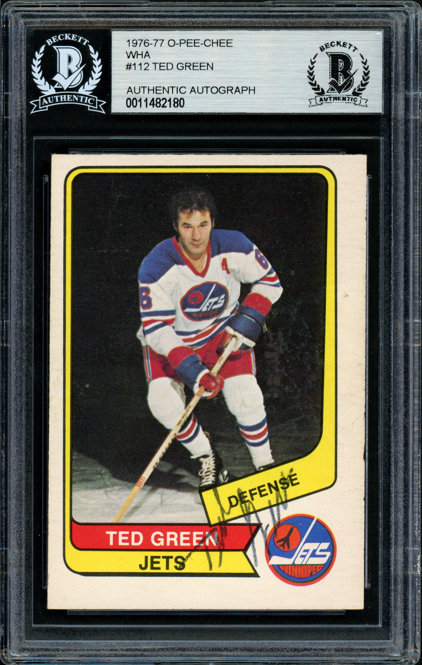 Ted Green Autographed 1976-77 WHA O-Pee-Chee Card #112 Winnipeg Jets Beckett BAS #11482180