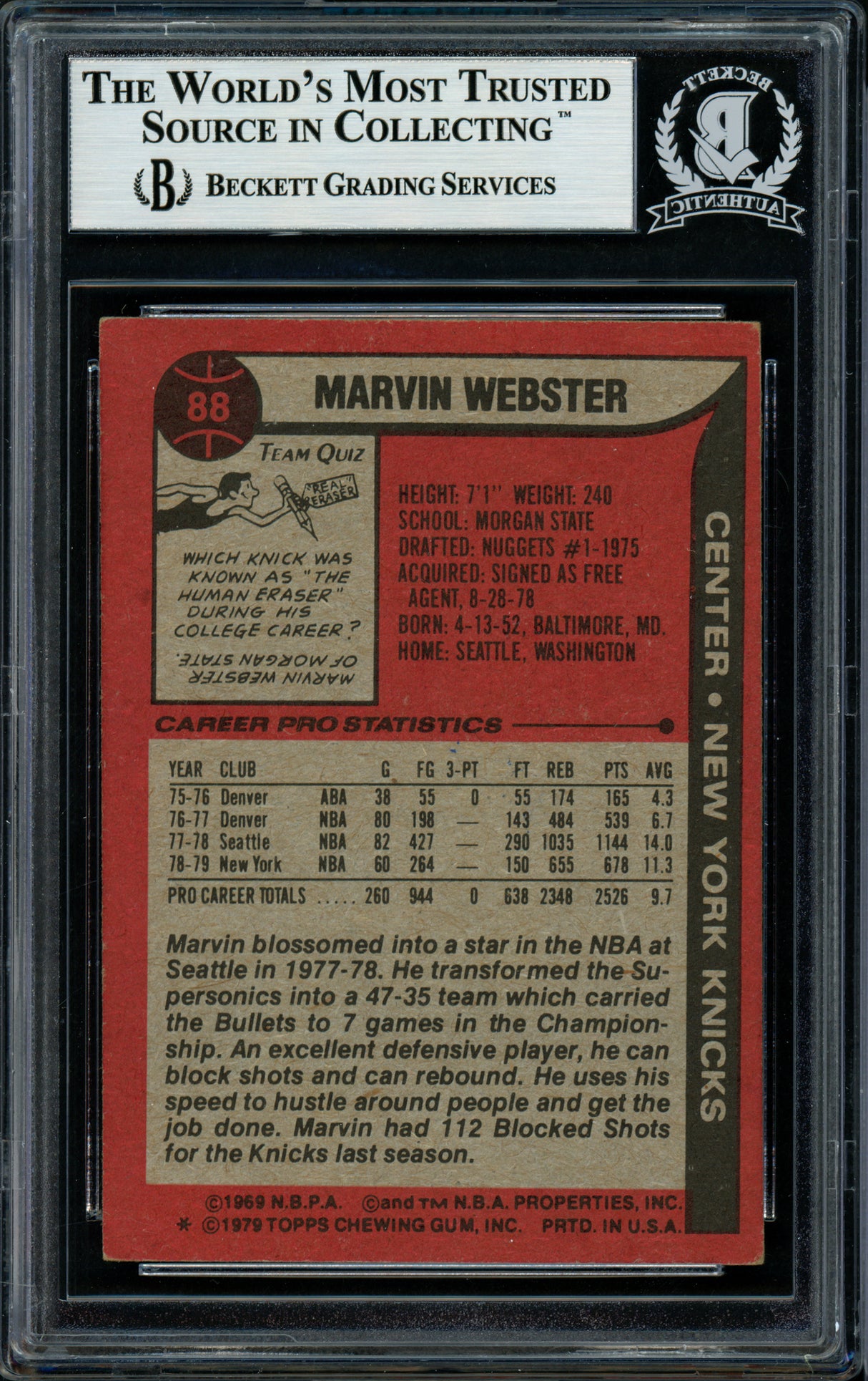 Marvin Webster Autographed 1979-80 Topps Card #88 New York Knicks Beckett BAS #11482515