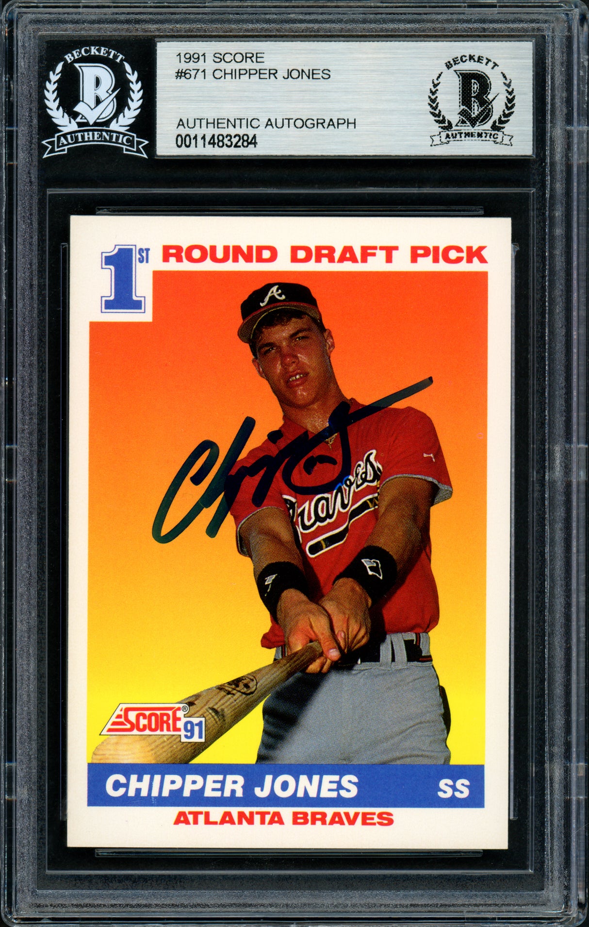 Chipper Jones Autographed 1991 Score Rookie Card #671 Atlanta Braves Beckett BAS Stock #155936