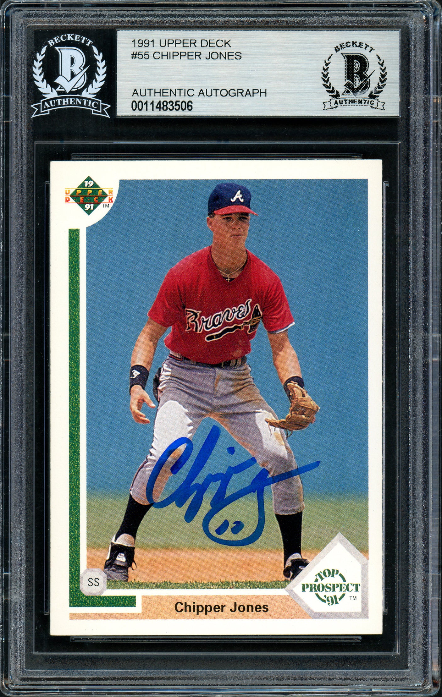 Chipper Jones Autographed 1991 Upper Deck Rookie Card #55 Atlanta Braves Beckett BAS Stock #155954