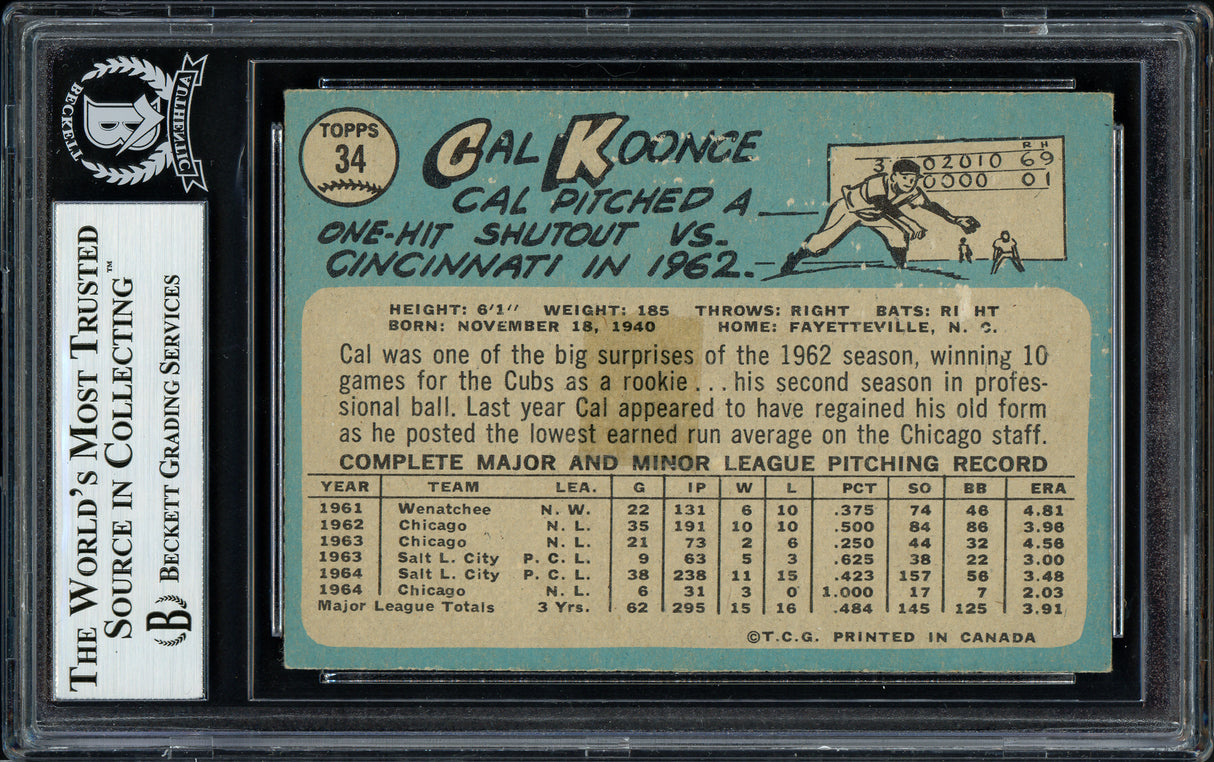 Cal Koonce Autographed 1965 Topps Card #34 Chicago Cubs Beckett BAS #11493406