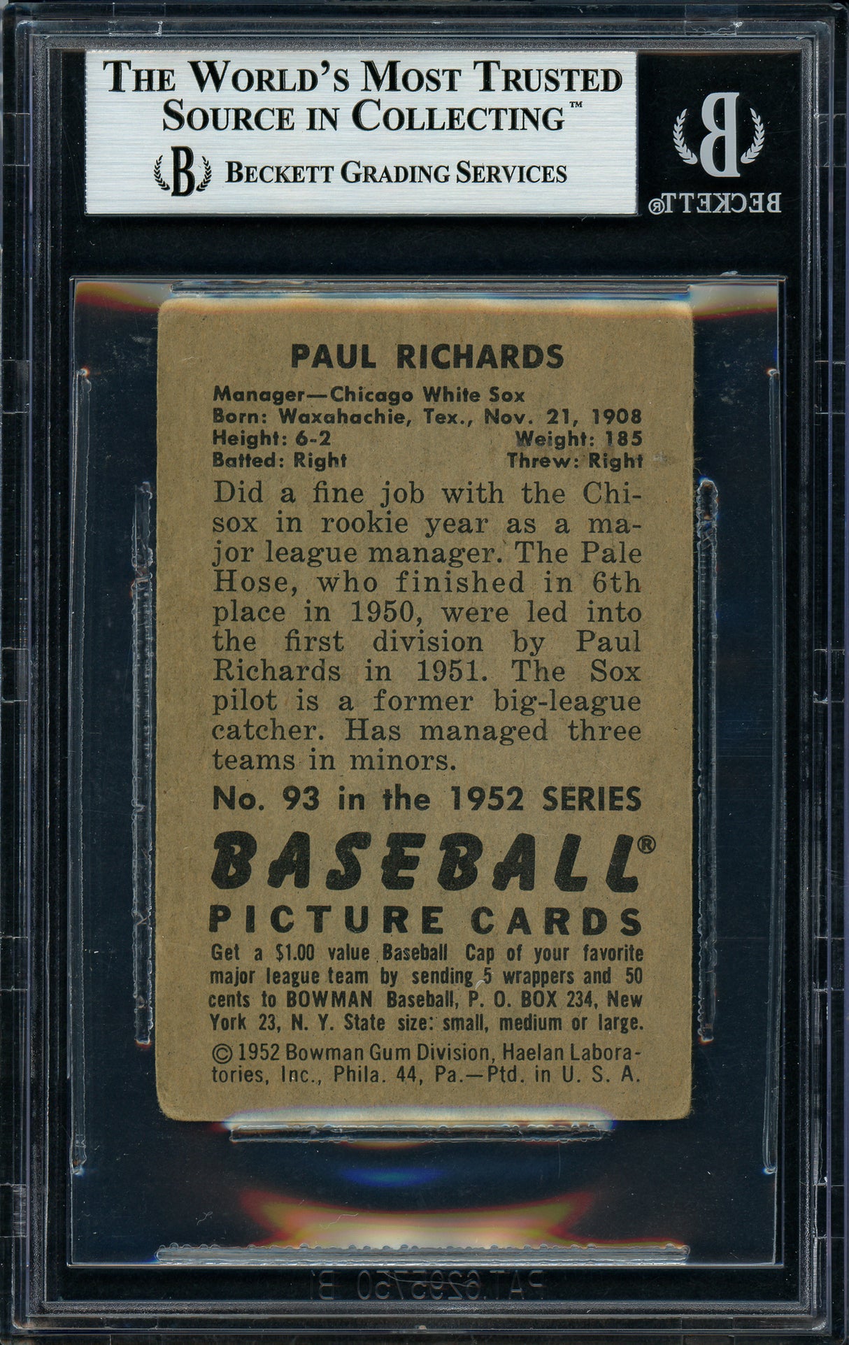 Paul Richards Autographed 1952 Bowman Rookie Card #93 Chicago White Sox Beckett BAS #11627883