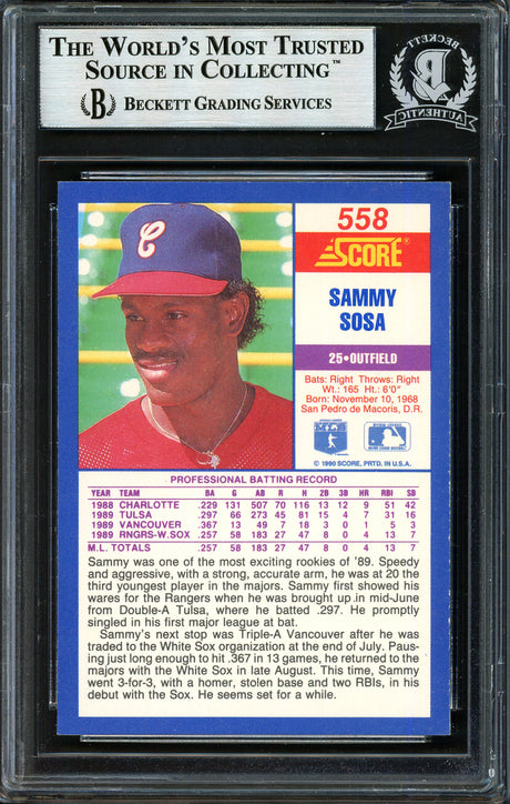 Sammy Sosa Autographed 1990 Score Rookie Card #558 Chicago White Sox Beckett BAS #12409978