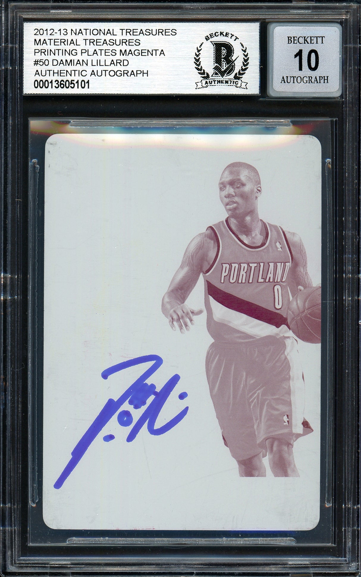 Damian Lillard Autographed 2012-13 Panini National Treasures Printing Plate 1/1 Rookie Card #50 Portland Trail Blazers Auto Grade Gem Mint 10 Majenta Beckett BAS #13605101