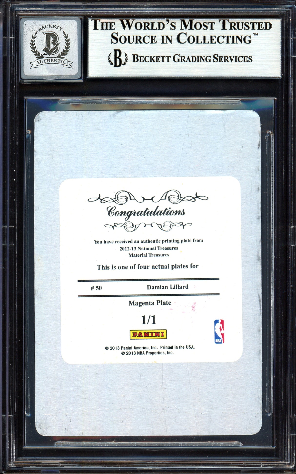 Damian Lillard Autographed 2012-13 Panini National Treasures Printing Plate 1/1 Rookie Card #50 Portland Trail Blazers Auto Grade Gem Mint 10 Majenta Beckett BAS #13605101