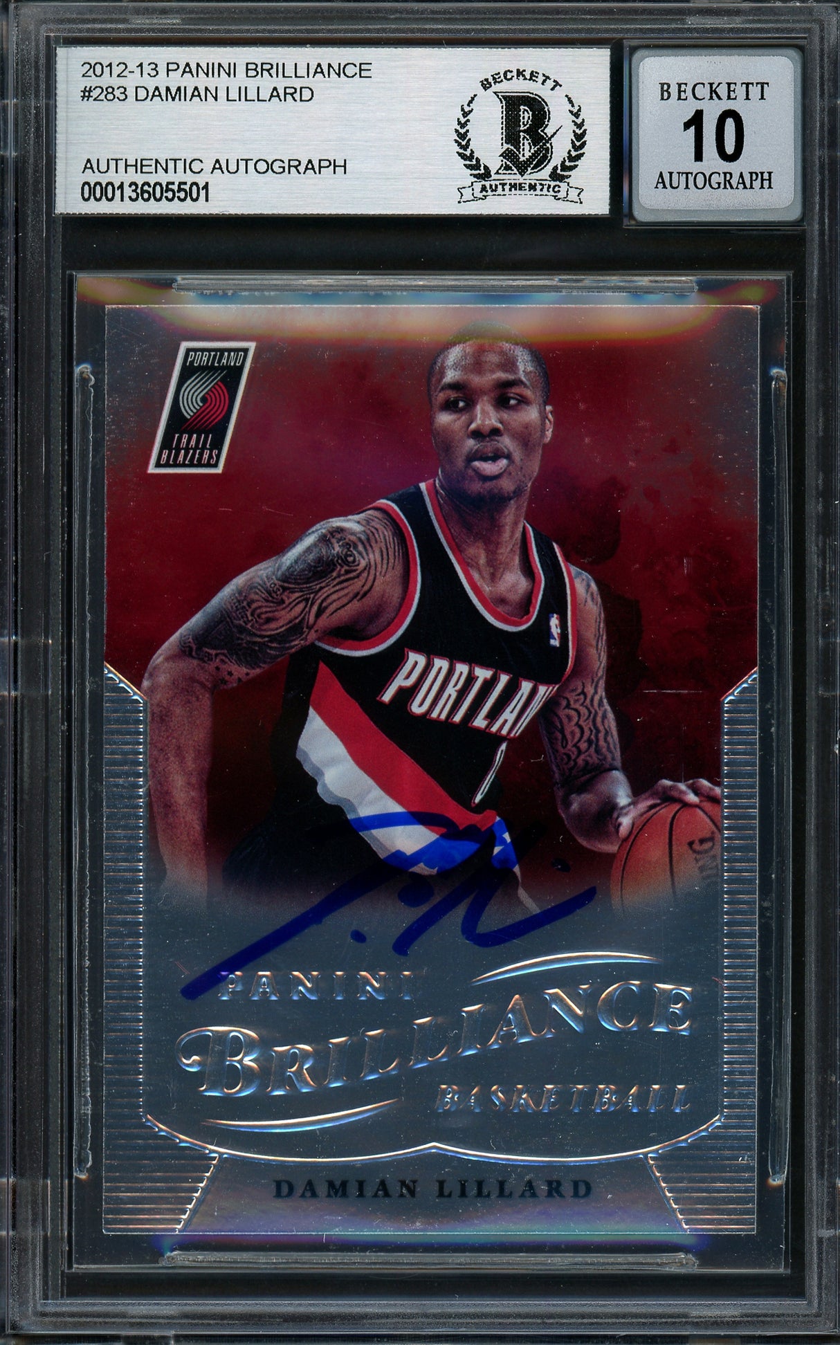 Damian Lillard Autographed 2012-13 Panini Brilliance Rookie Card #283 Portland Trail Blazers Auto Grade Gem Mint 10 Beckett BAS Stock #199593