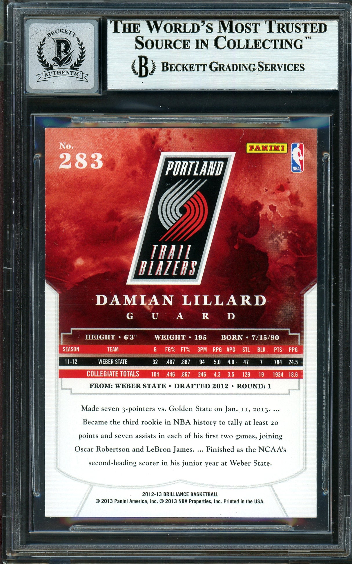 Damian Lillard Autographed 2012-13 Panini Brilliance Rookie Card #283 Portland Trail Blazers Auto Grade Gem Mint 10 Beckett BAS Stock #199593