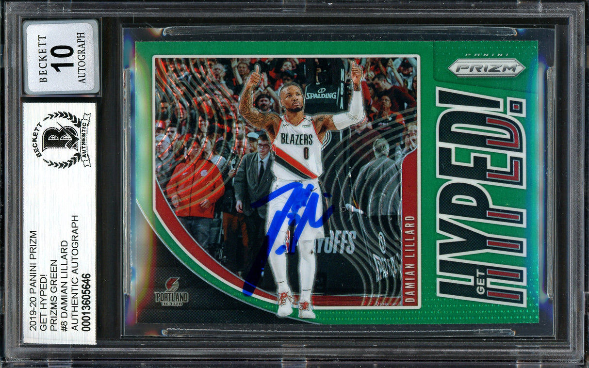 Damian Lillard Autographed 2019-20 Panini Prizm Get Hyped Green Card #8 Portland Trail Blazers Auto Grade Gem Mint 10 Beckett BAS #13605646