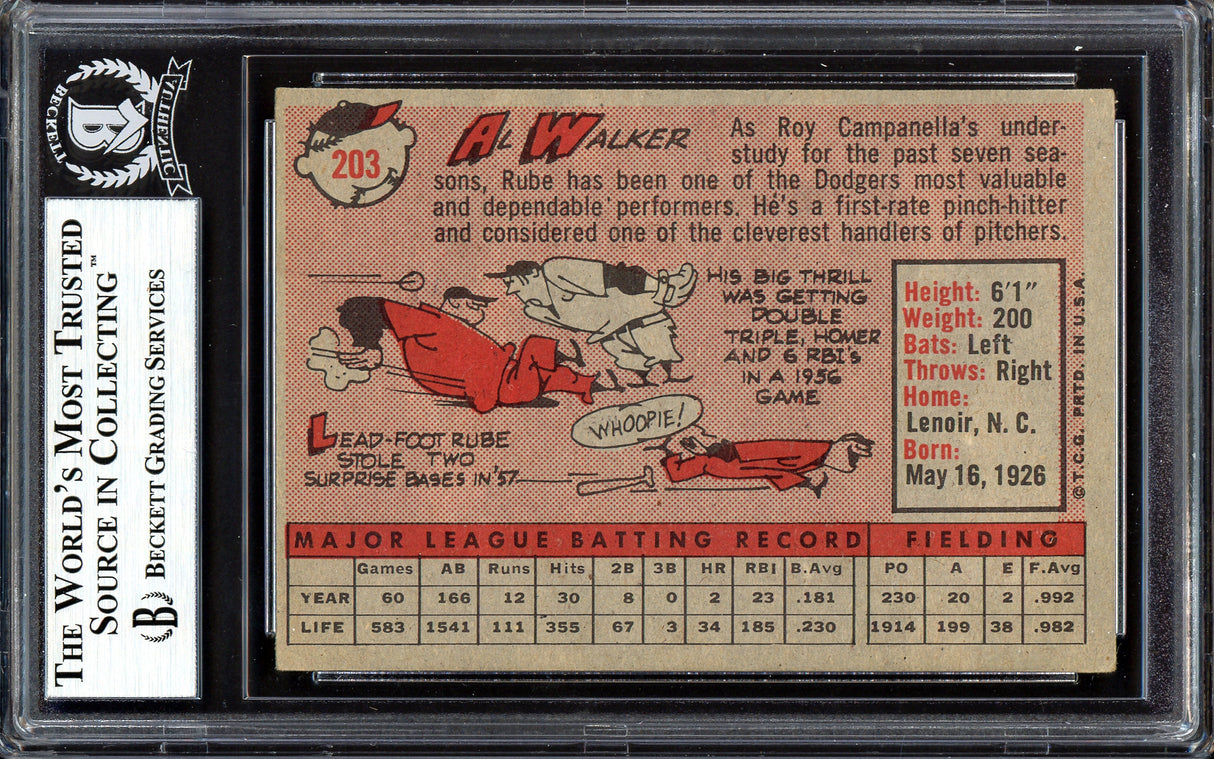 Al "Rube" Walker Autographed 1958 Topps Card #203 Los Angeles Dodgers Beckett BAS #13608389