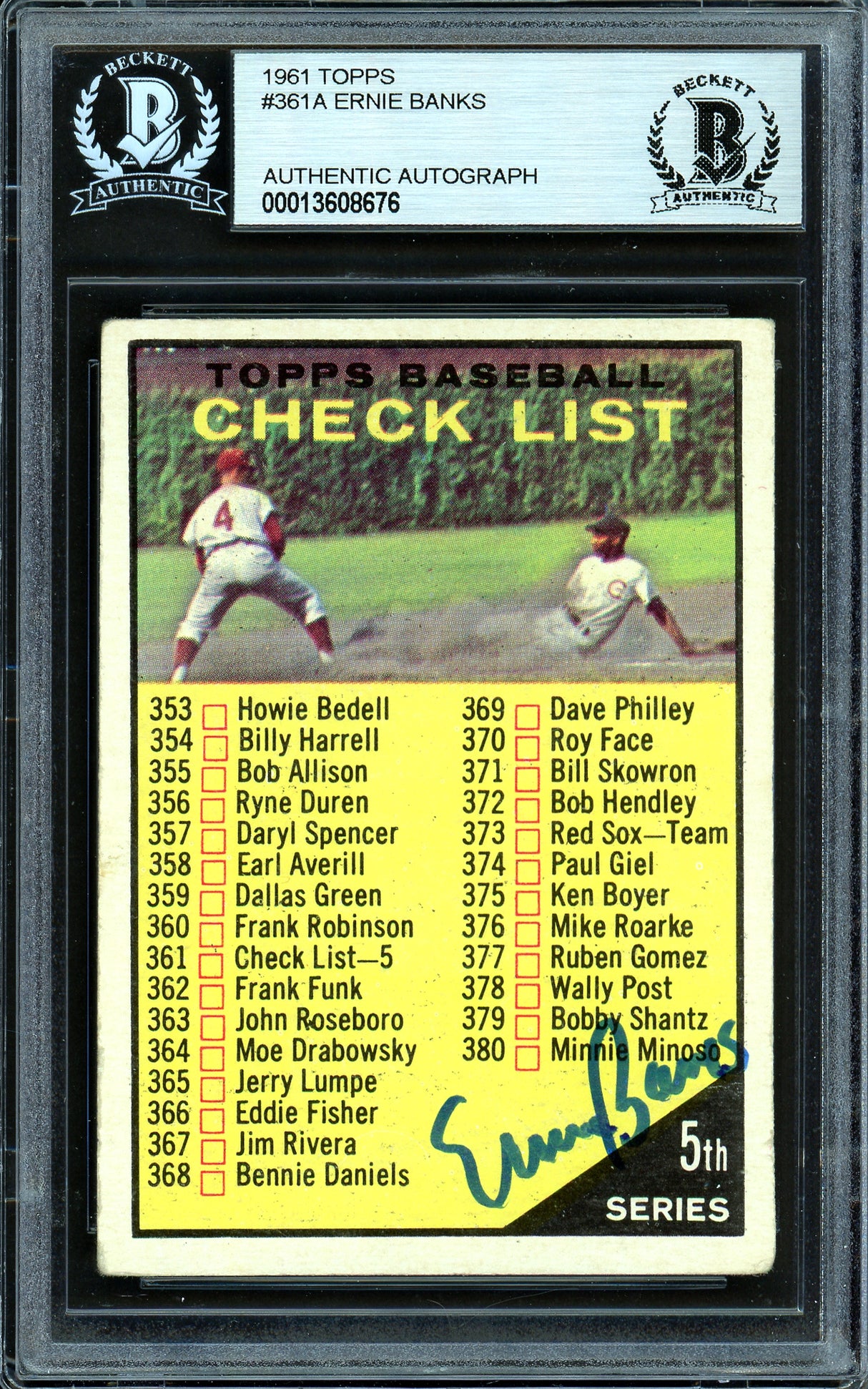 Ernie Banks Autographed 1961 Topps Checklist Card #361 Chicago Cubs Beckett BAS #13608676