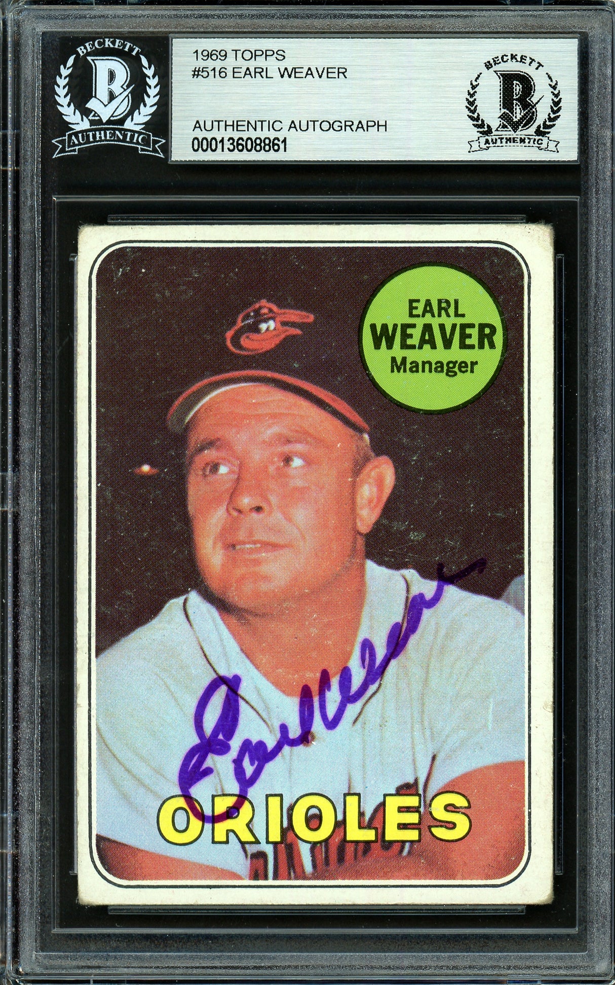 Earl Weaver Autographed 1969 Topps Rookie Card #516 Baltimore Orioles Beckett BAS #13608861