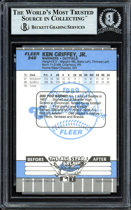 Ken Griffey Jr. Autographed 1989 Fleer Glossy Rookie Card #548 Seattle Mariners Beckett BAS #13609039