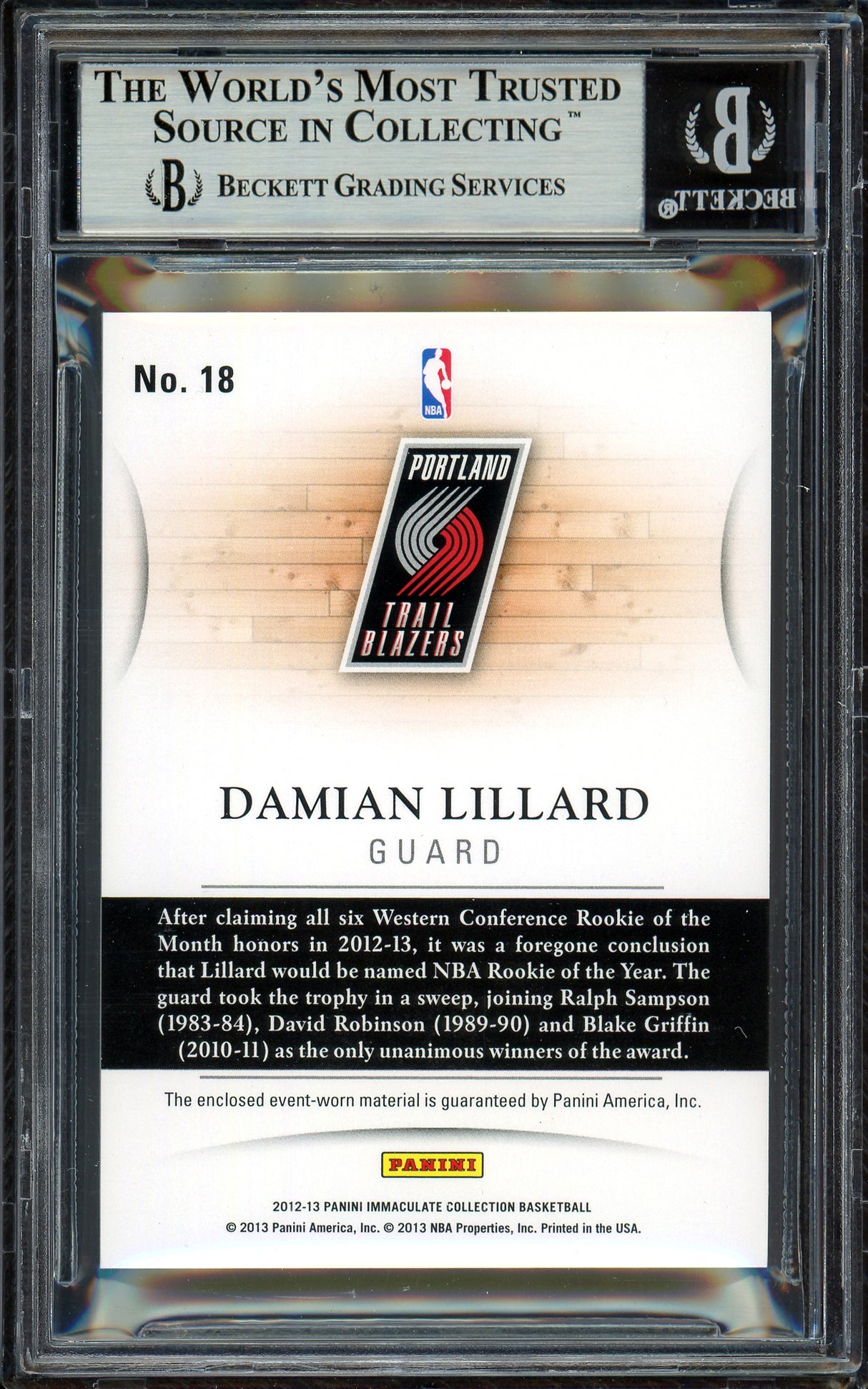 Damian Lillard Autographed 2012-13 Panini Immaculate Quad Patch Rookie Card #18 Portland Trail Blazers #20/50 Beckett BAS #13609394