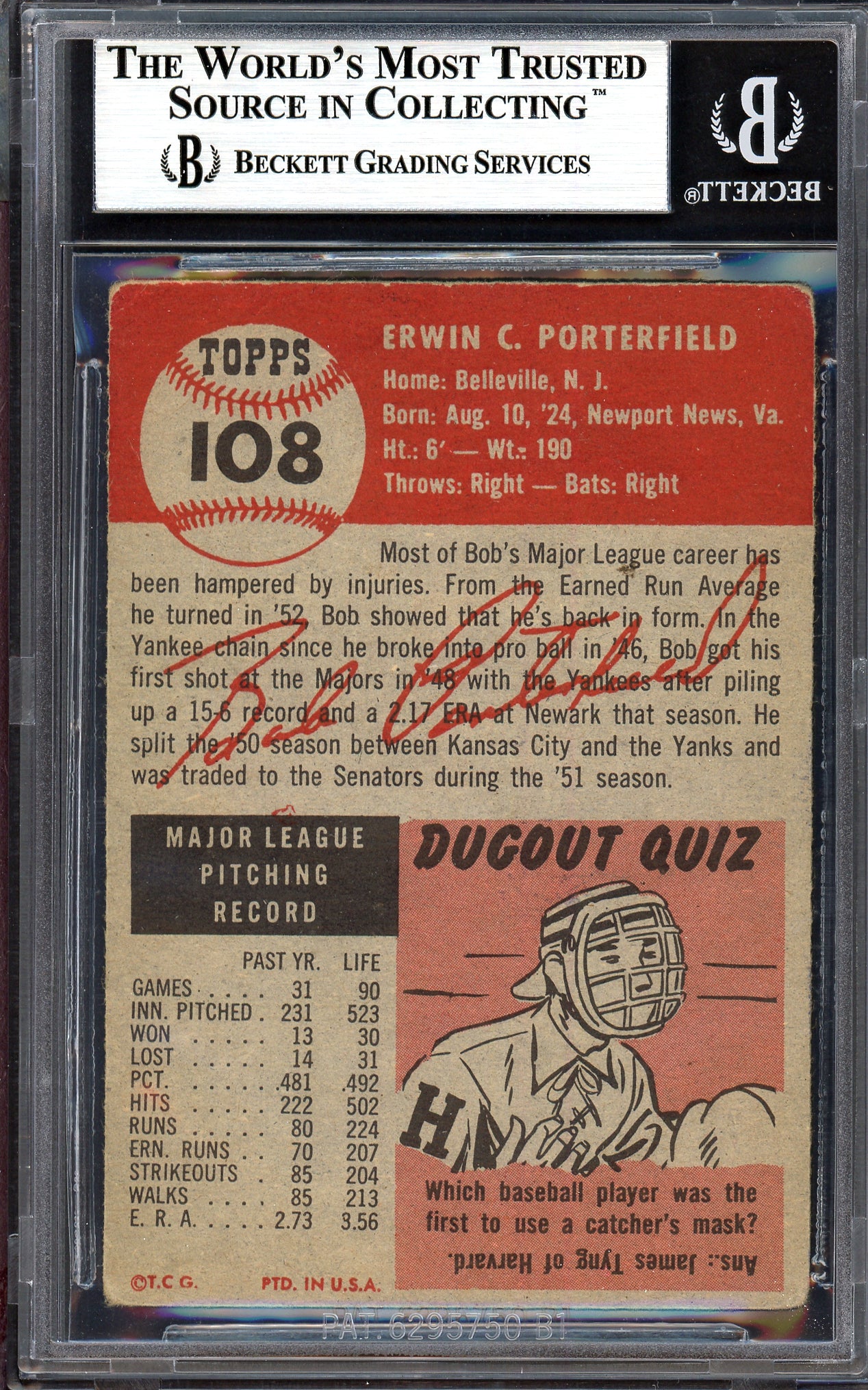 Bob Porterfield Autographed 1953 Topps Card #108 Washington Nationals Beckett BAS #13609925