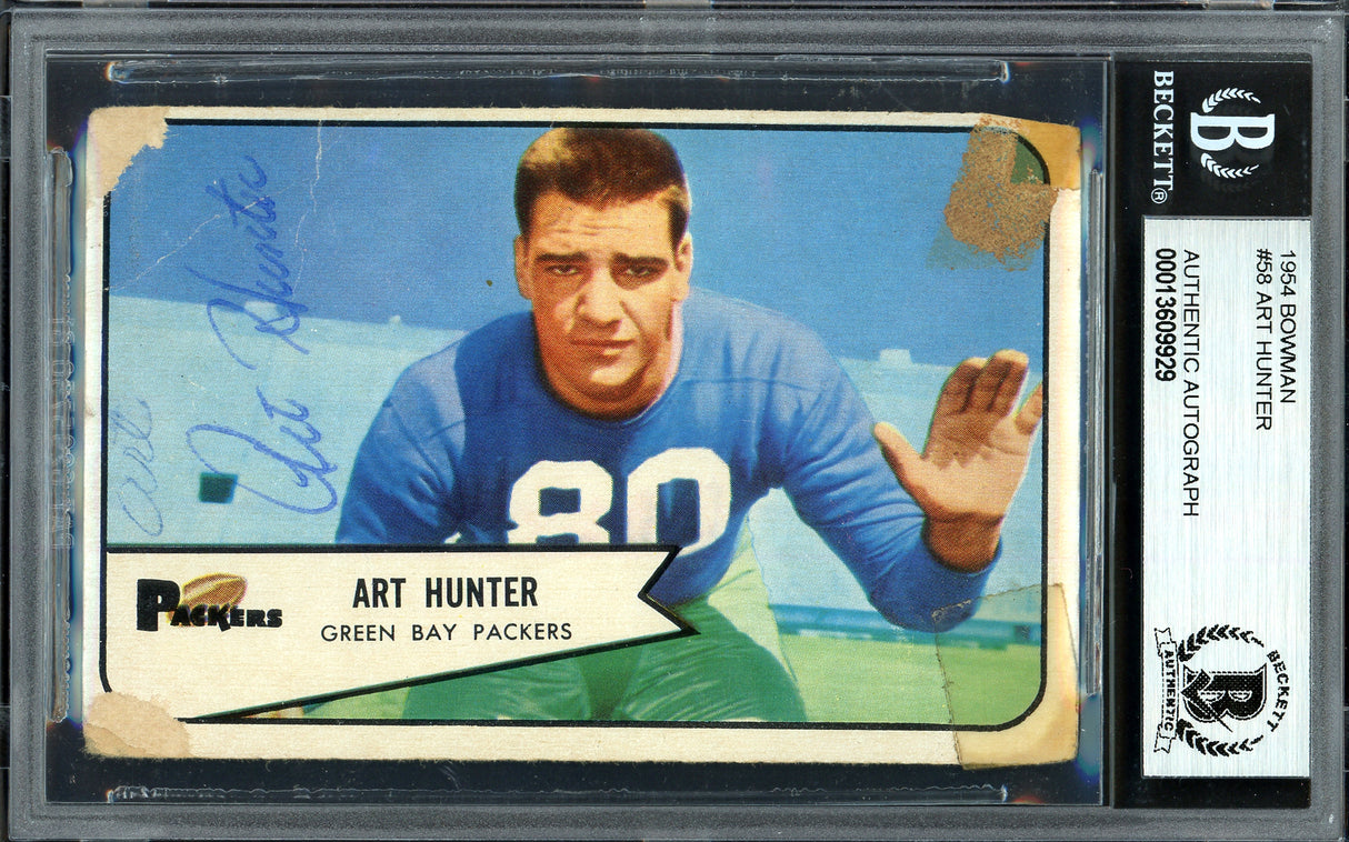 Art Hunter Autographed 1954 Bowman Rookie Card #58 Green Bay Packers (Off-Condition) Beckett BAS #13609929